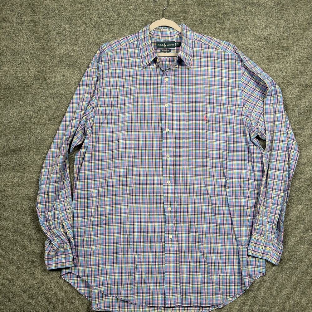 Ralph Lauren Mens Tall‎ Size XL Classic Fit Shirt Blue Plaid Long Sleeves Pony